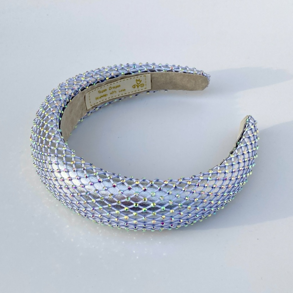 Padded 1.5” Headband with Rhinestone-Adorned Mesh Overlay/Silver Base Handmade